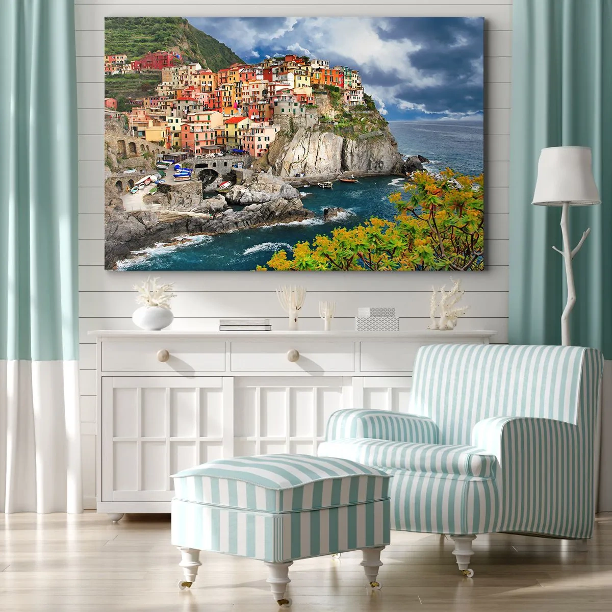 Cuadro sobre lienzo - Impresión de Imagen - Casas coloridas en un acantilado con vistas al mar en Cinque Terre - 100x70cm - En el acantilado - Decoración de pared moderna para salón y dormitorio ARTTOR