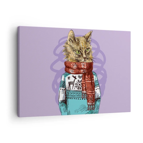 Cuadro sobre lienzo - Impresión de Imagen - Un gato con un suéter y una bufanda sobre un fondo morado. - 70x50cm - El gato no solo tenía botas - Decoración de pared moderna para salón y dormitorio ARTTOR