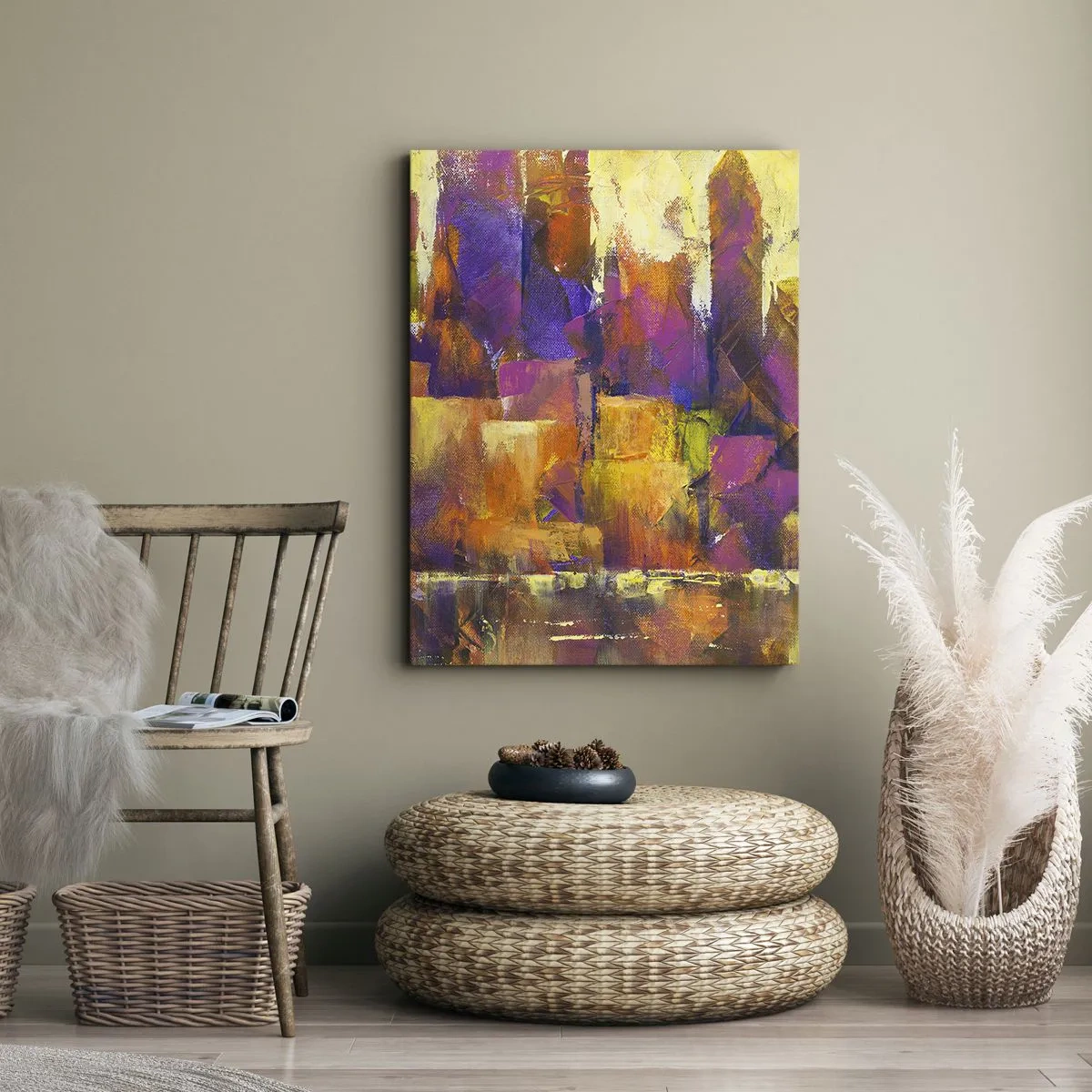 Cuadro sobre lienzo - Impresión de Imagen - Composición abstracta de una metrópolis en tonos amarillos y morados. - 80x120cm - Composición metropolitana - Decoración de pared moderna para salón y dormitorio ARTTOR