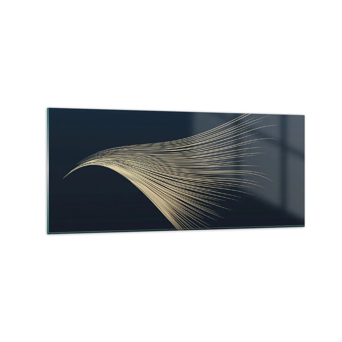 Cuadro sobre vidrio - Impresiones sobre Vidrio - Una delicada línea similar a una pluma sobre un fondo azul marino. - 120x50cm - Como el cabello de un ángel - Decoración de pared moderna para salón y dormitorio ARTTOR