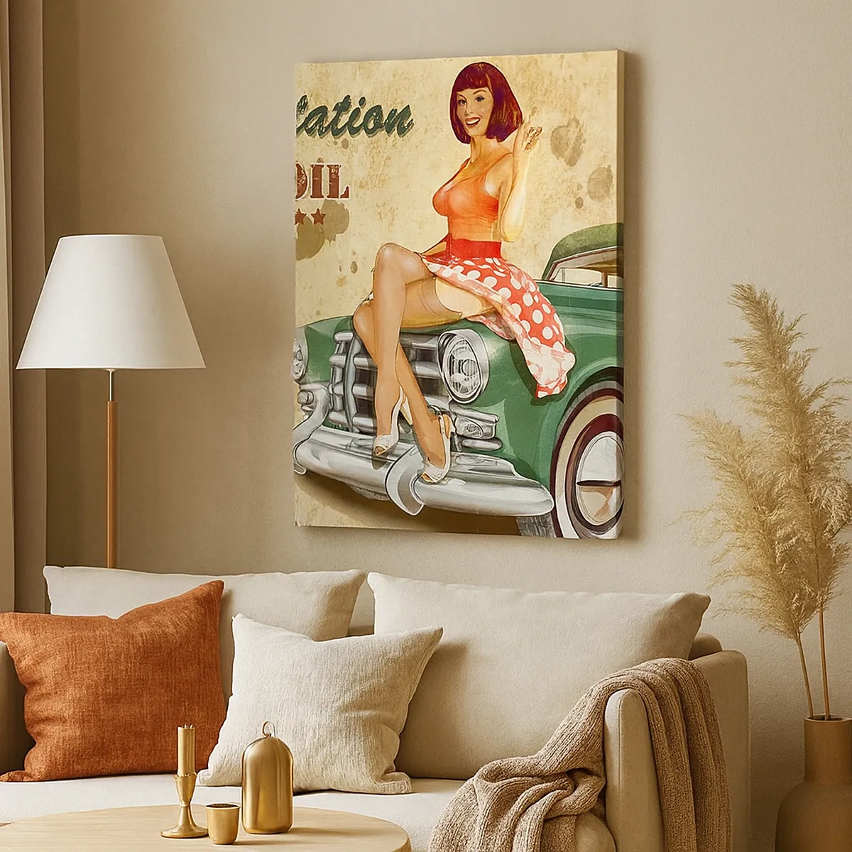 Cuadro sobre lienzo - Impresión de Imagen - Póster retro de la Ruta 66 con chica pin-up y coche. - 50x70cm - Los gloriosos años 40 - Decoración de pared moderna para salón y dormitorio ARTTOR