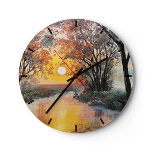 Reloj de pared - Reloj de vidrio - Puesta de sol sobre el río entre árboles coloridos - 30x30cm - Ambiente otoñal - Decoración de pared moderna para salón, cocina y dormitorio ARTTOR