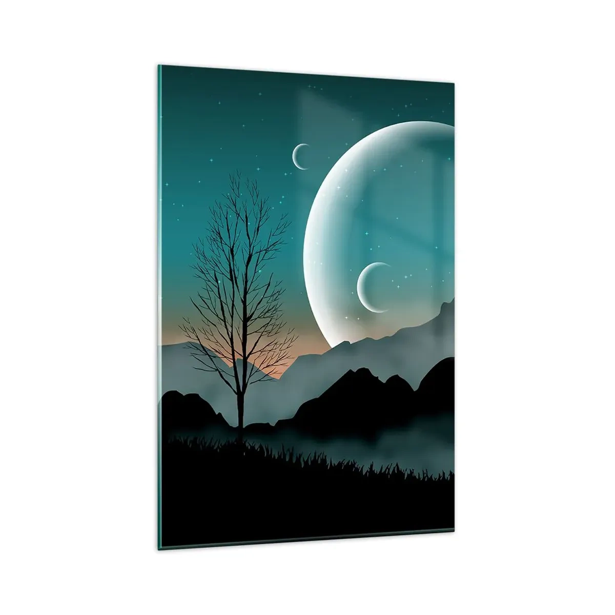 Cuadro sobre vidrio - Impresiones sobre Vidrio - Montañas brumosas con la luna y un árbol solitario. - 80x120cm - Un carnaval de noche estrellada - Decoración de pared moderna para salón y dormitorio ARTTOR
