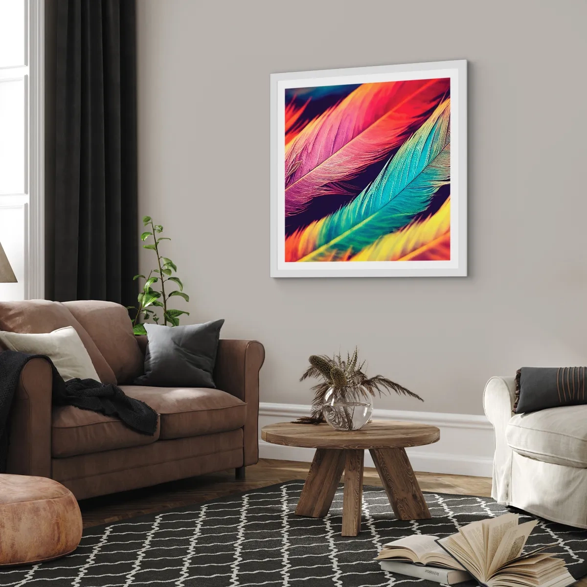Póster en marco blanco - Arco iris plumoso - 50x50 cm