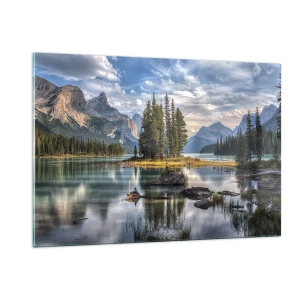 Cuadro sobre vidrio - Impresiones sobre Vidrio - Un pintoresco lago con una isla y montañas al fondo. - 120x80cm - Sobre el agua cristalina... - Decoración de pared moderna para salón y dormitorio ARTTOR