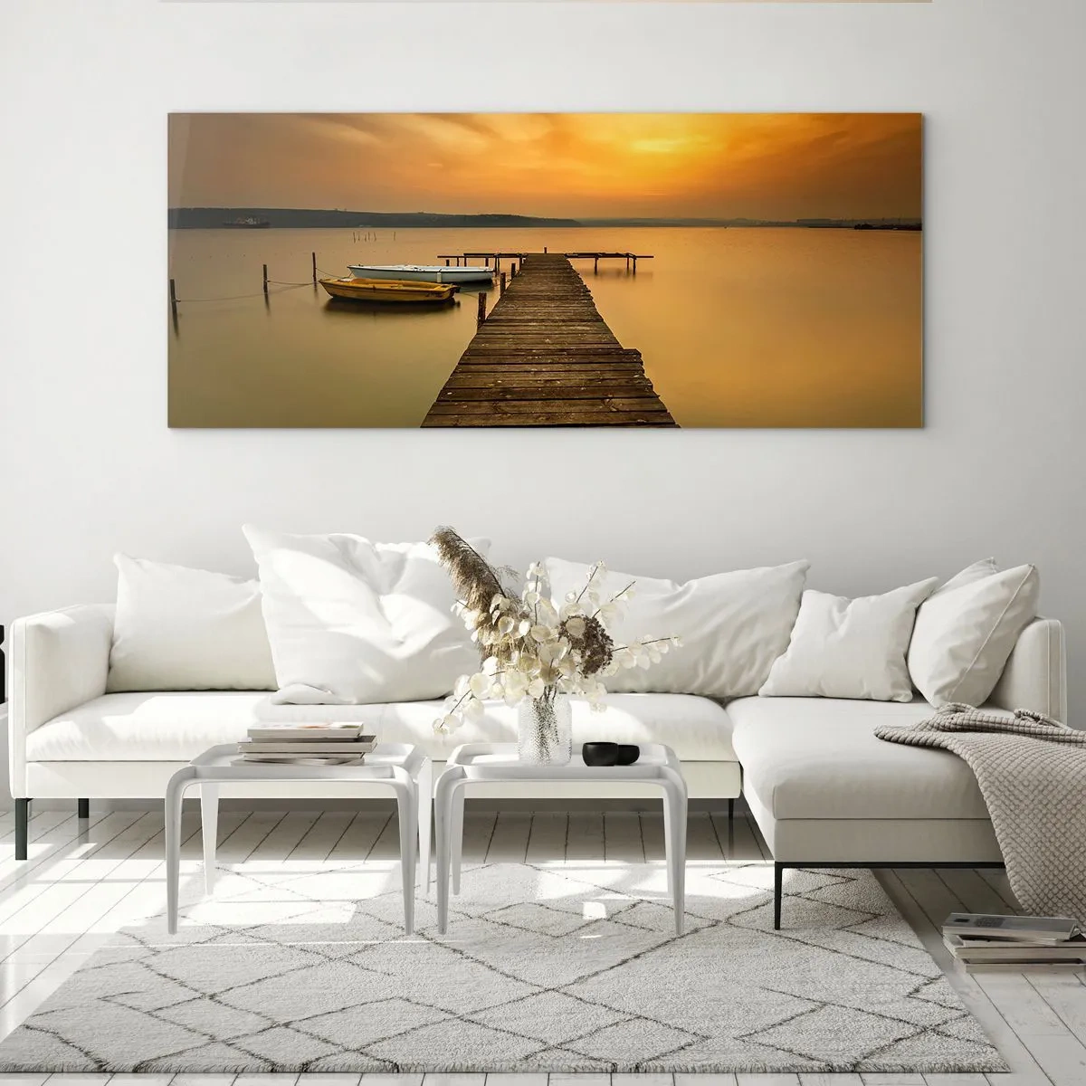 Cuadro sobre vidrio - Impresiones sobre Vidrio - Muelle de madera y barcos en el lago al atardecer - 140x50cm - Abriré el cielo dorado para ti - Decoración de pared moderna para salón y dormitorio ARTTOR