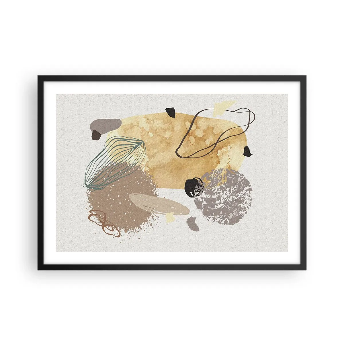 Póster en marco negro - Una composición de formas abstractas en beige y amarillo. - 70x50cm - Plumología aplicada - Decoración de pared moderna para salón y dormitorio ARTTOR