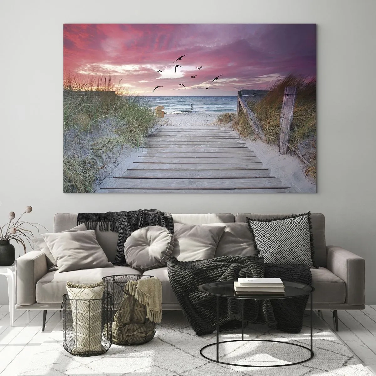 Cuadro sobre vidrio - Impresiones sobre Vidrio - Camino a la playa al atardecer con pájaros volando - 100x70cm - Impresión del Báltico - Decoración de pared moderna para salón y dormitorio ARTTOR
