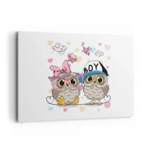 Cuadro sobre lienzo - Impresión de Imagen - Dos adorables búhos rodeados de corazones. - 120x80cm - El amor - Decoración de pared moderna para salón y dormitorio ARTTOR