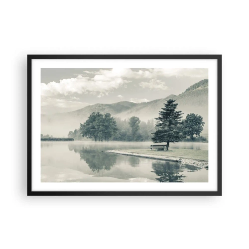 Póster en marco negro - Un pintoresco lago con un banco y niebla al fondo. - 70x50cm - El lago sigue durmiendo - Decoración de pared moderna para salón y dormitorio ARTTOR