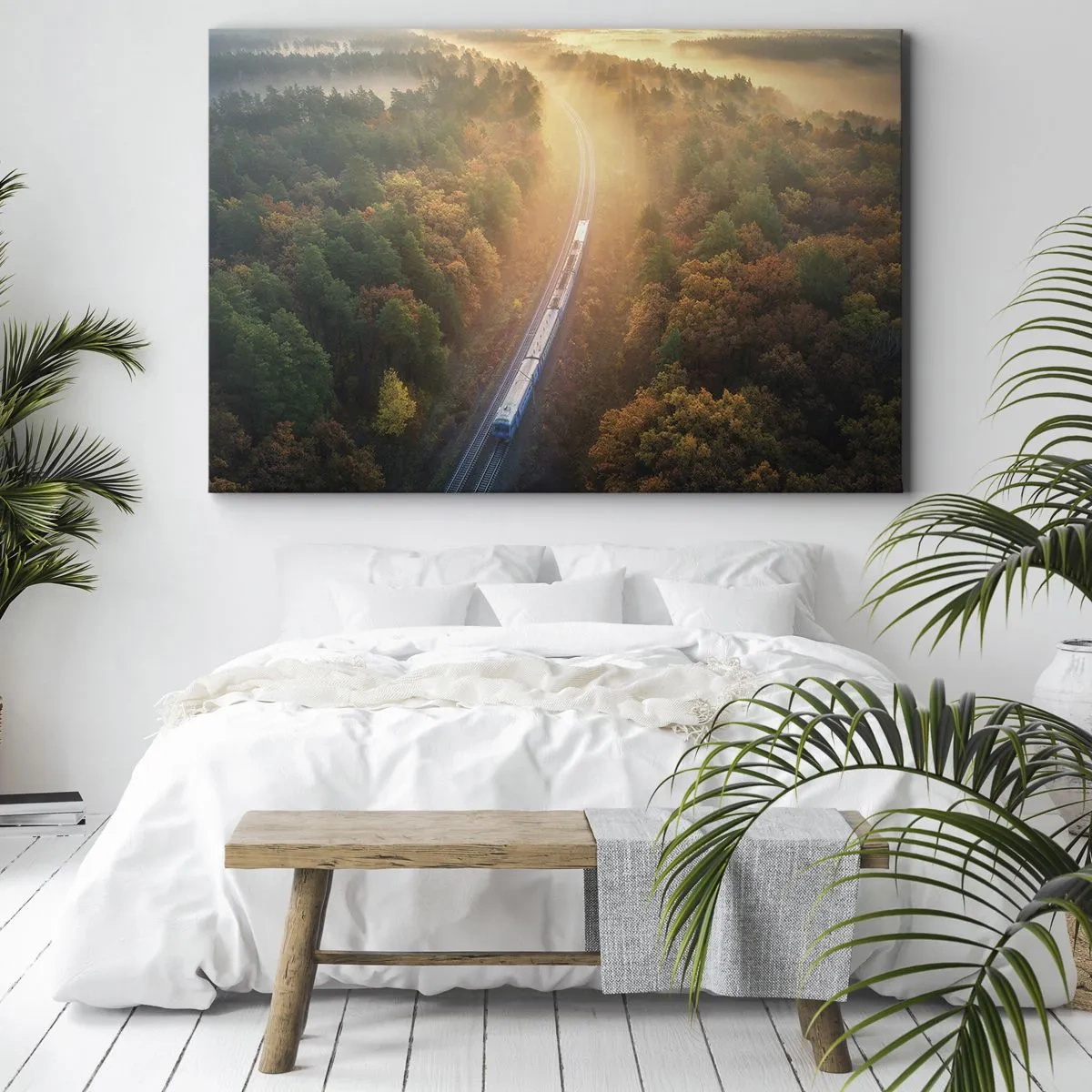 Cuadro sobre lienzo - Impresión de Imagen - Un tren en un bosque otoñal al amanecer. - 100x70cm - Un viaje otoñal - Decoración de pared moderna para salón y dormitorio ARTTOR