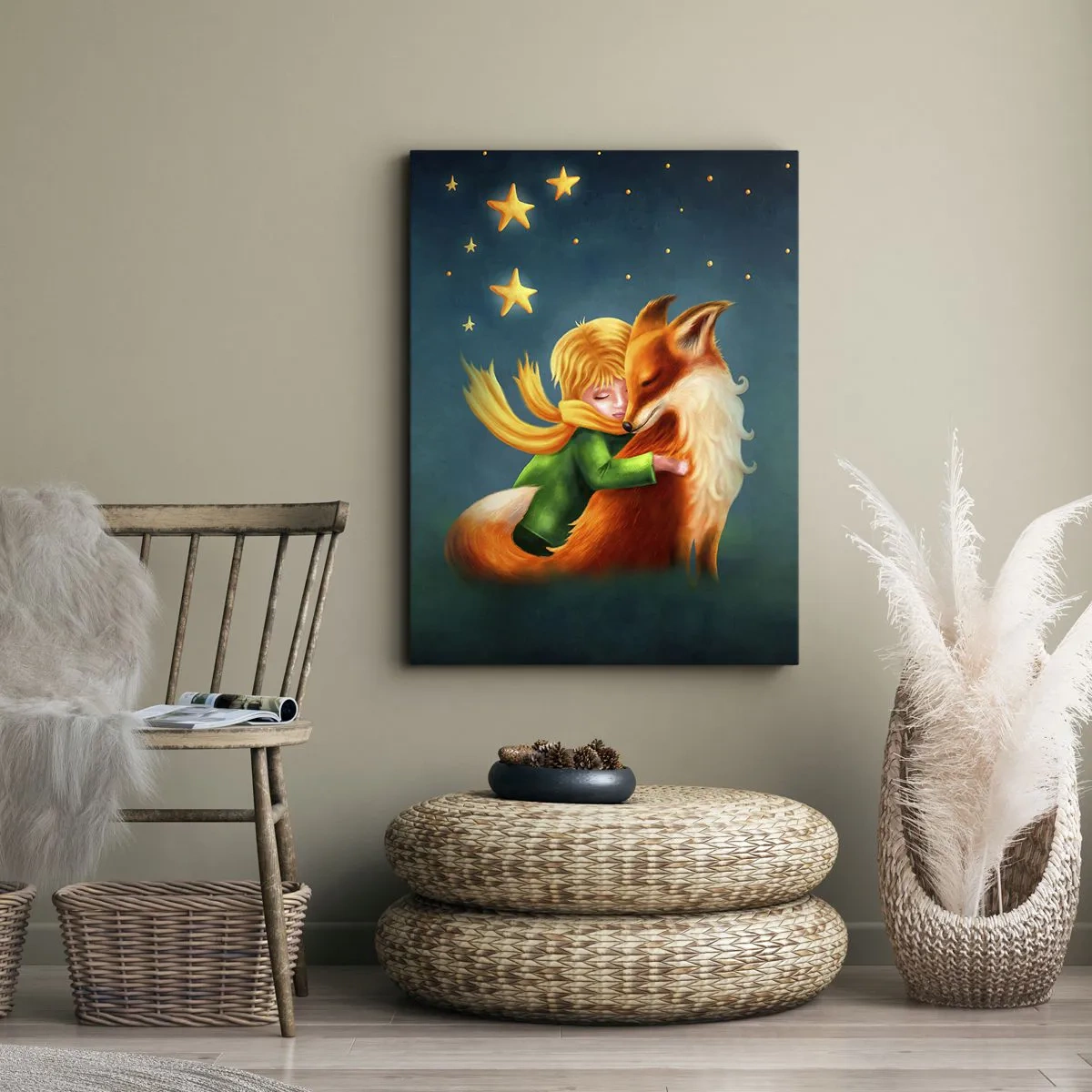 Cuadro sobre lienzo - Impresión de Imagen - Un niño con un zorro en un entorno mágico con estrellas. - 50x70cm - El Principito - Decoración de pared moderna para salón y dormitorio ARTTOR