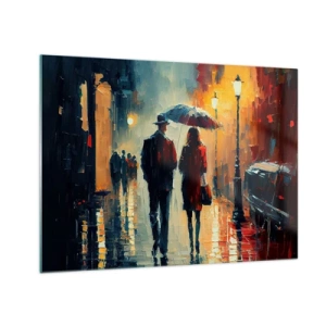 Cuadro sobre vidrio - Impresiones sobre Vidrio - Una pareja con paraguas caminando por una calle mojada por la noche. - 70x50cm - Historia de amor urbana - Decoración de pared moderna para salón y dormitorio ARTTOR