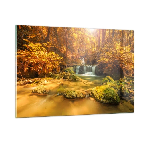 Cuadro sobre vidrio - Impresiones sobre Vidrio - Cascada forestal en oro - 120x80cm - Cascada forestal en oro - Decoración de pared moderna para salón y dormitorio ARTTOR