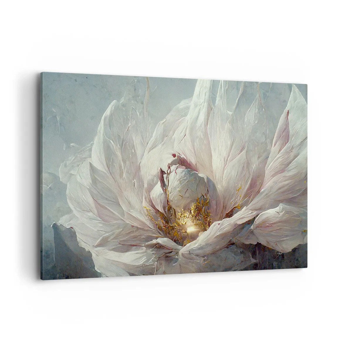 Cuadro sobre lienzo - Impresión de Imagen - Una delicada flor blanca con sutiles acentos dorados. - 120x80cm - Florece una vez cada cien años - Decoración de pared moderna para salón y dormitorio ARTTOR