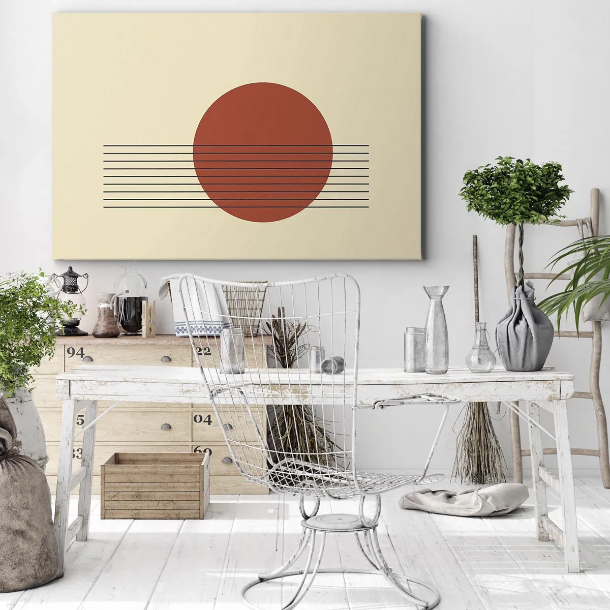 Cuadro sobre lienzo - Impresión de Imagen - Círculo rojo abstracto con líneas sobre fondo beige. - 70x50cm - Cruzando el círculo - Decoración de pared moderna para salón y dormitorio ARTTOR