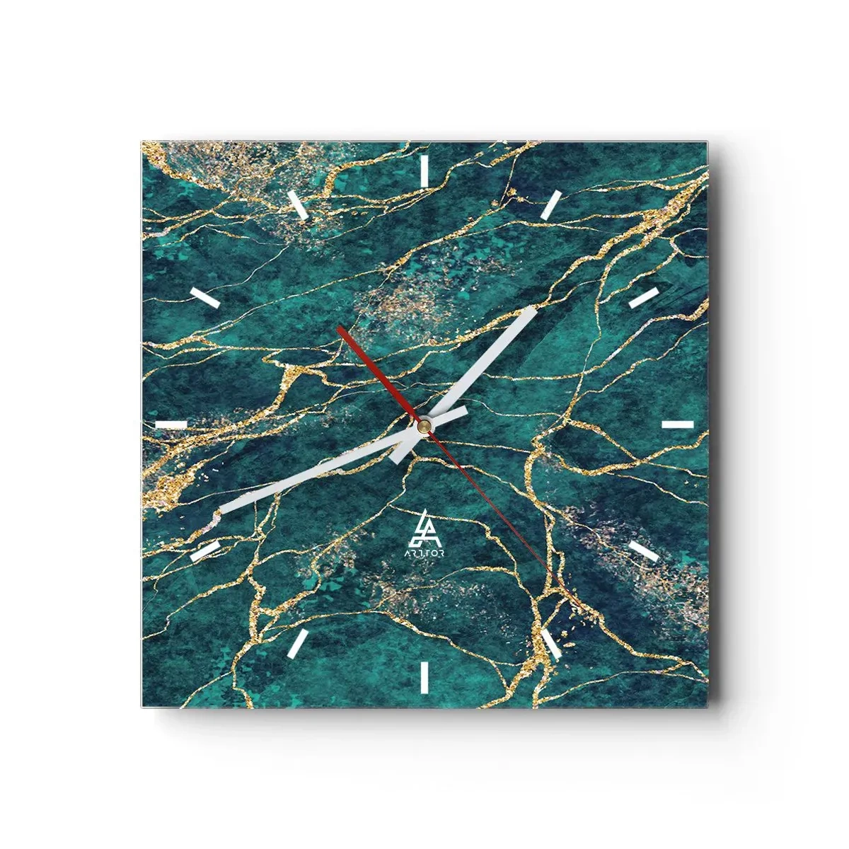 Reloj de pared - Reloj de vidrio - Patrón de mármol texturizado en tonos turquesa y dorado. - 30x30cm - Riachuelos de oro - Decoración de pared moderna para salón y dormitorio ARTTOR