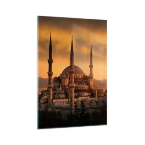 Cuadro sobre vidrio - Impresiones sobre Vidrio - La mezquita al atardecer en colores cálidos. - 70x100cm - Dios es grande - Decoración de pared moderna para salón y dormitorio ARTTOR