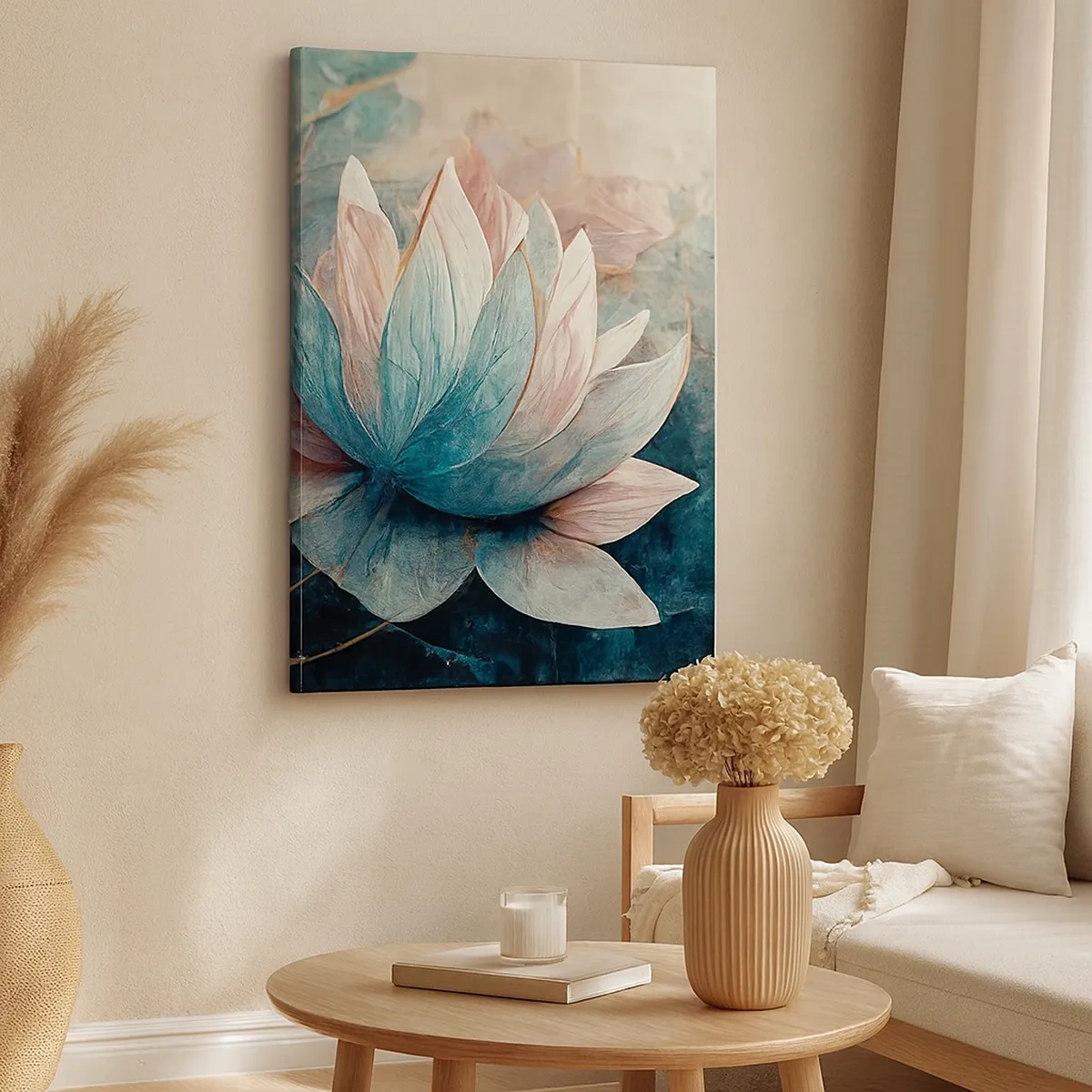 Cuadro sobre lienzo - Impresión de Imagen - Nenúfares sutiles en tonos pastel de azul y dorado. - 50x70cm - Estrellas de lago - Decoración de pared moderna para salón y dormitorio ARTTOR