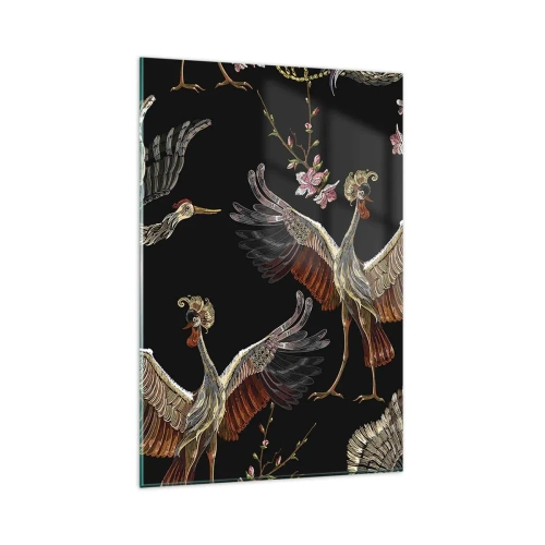 Cuadro sobre vidrio - Impresiones sobre Vidrio - Grullas y flores elegantes sobre un fondo negro. - 80x120cm - Aves de cuento de hadas - Decoración de pared moderna para salón y dormitorio ARTTOR