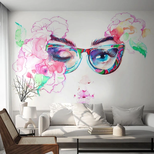 Fotomural Premium Sand - Retrato de una mujer con gafas rodeada de flores de acuarela. - 100x70cm - Una promesa tentadora - Decoración de pared moderna para salón y dormitorio ARTTOR