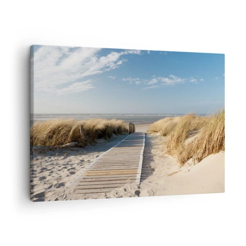 Cuadro sobre lienzo - Impresión de Imagen - Un camino de madera conduce a través de las dunas hasta el mar en calma. - 70x50cm - Más allá de la duna, en el susurro de la naturaleza - Decoración de pared moderna para salón y dormitorio ARTTOR