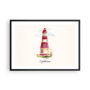 Póster en marco negro - Una pintura de acuarela de un faro sobre un fondo claro con una inscripción. - 70x50cm - Siempre observando - Decoración de pared moderna para salón y dormitorio ARTTOR