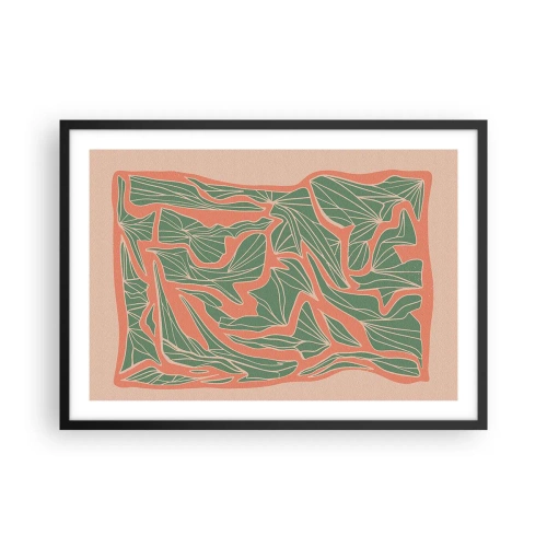 Póster en marco negro - Un patrón de plantas en tonos verdes y naranjas. - 70x50cm - Lucha entre el coral y el verde - Decoración de pared moderna para salón y dormitorio ARTTOR