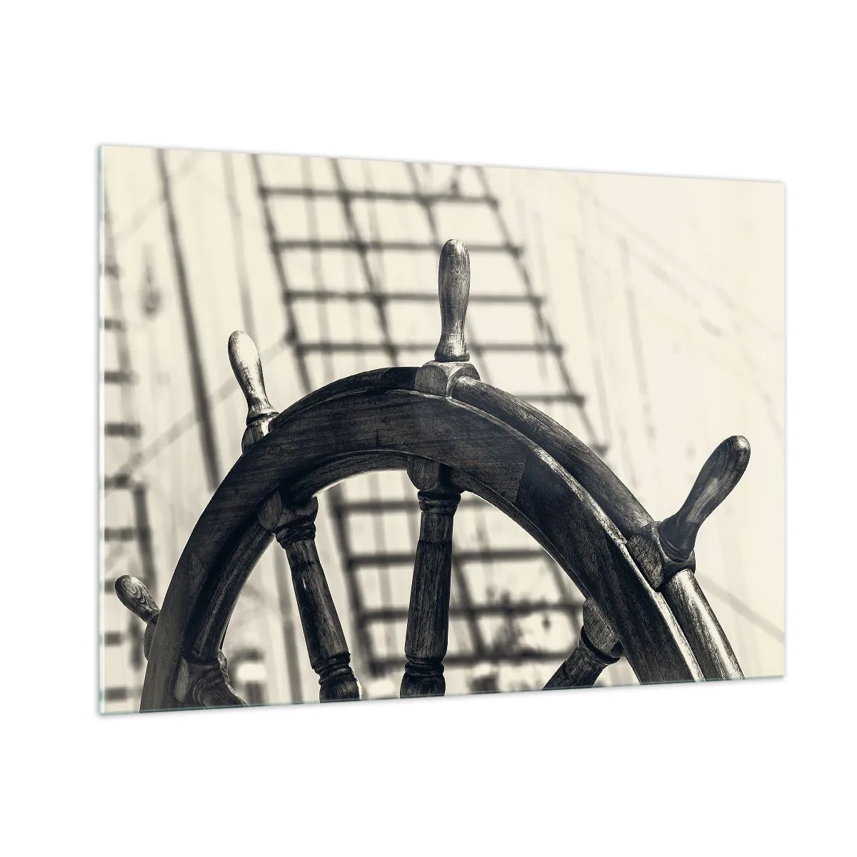 Cuadro sobre vidrio - Impresiones sobre Vidrio - Timón de barco náutico en blanco y negro - 100x70cm - Un cuento marino - Decoración de pared moderna para salón y dormitorio ARTTOR