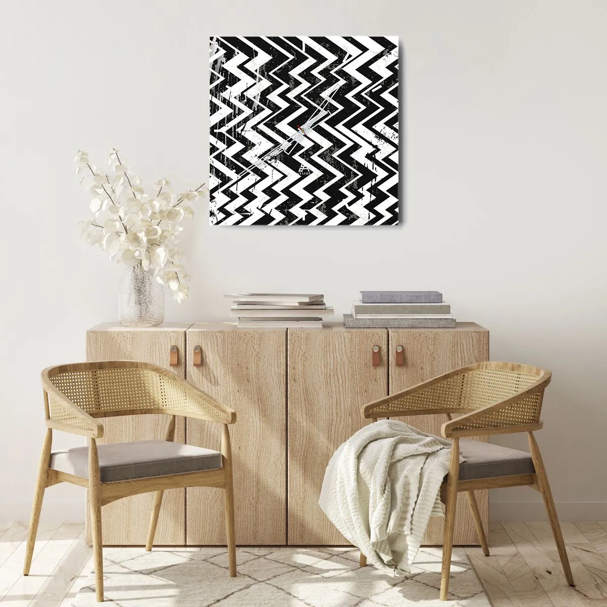 Reloj de pared - Reloj de vidrio - Patrón en zigzag en blanco y negro con abrasiones artísticas - 30x30cm - Zig-blanco, zag-negro - Decoración de pared moderna para salón y dormitorio ARTTOR