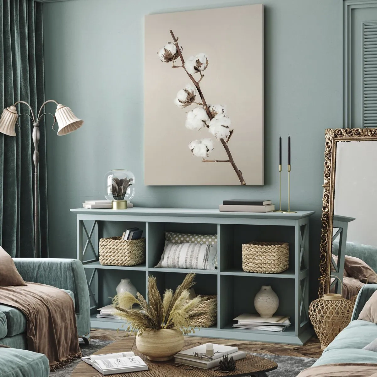 Cuadro sobre lienzo - Impresión de Imagen - Una ramita de algodón sobre un fondo beige. - 80x120cm - En la fuente de la suavidad - Decoración de pared moderna para salón y dormitorio ARTTOR