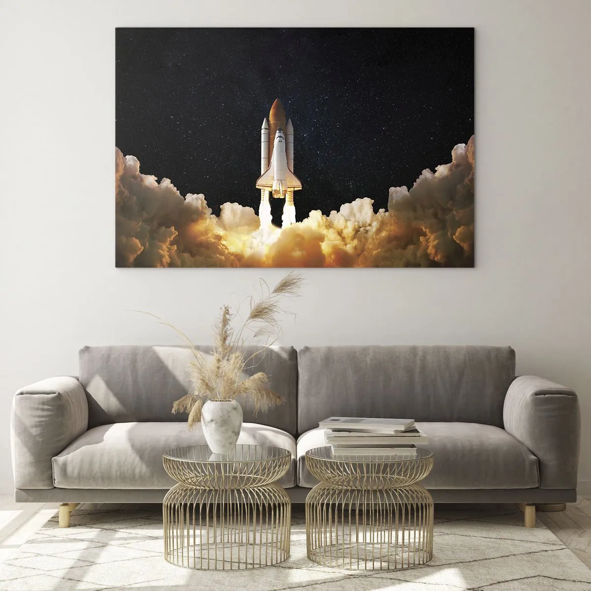 Cuadro sobre vidrio - Impresiones sobre Vidrio - Un transbordador espacial despegando contra un cielo estrellado. - 70x50cm - ¡Ad astra! - Decoración de pared moderna para salón y dormitorio ARTTOR