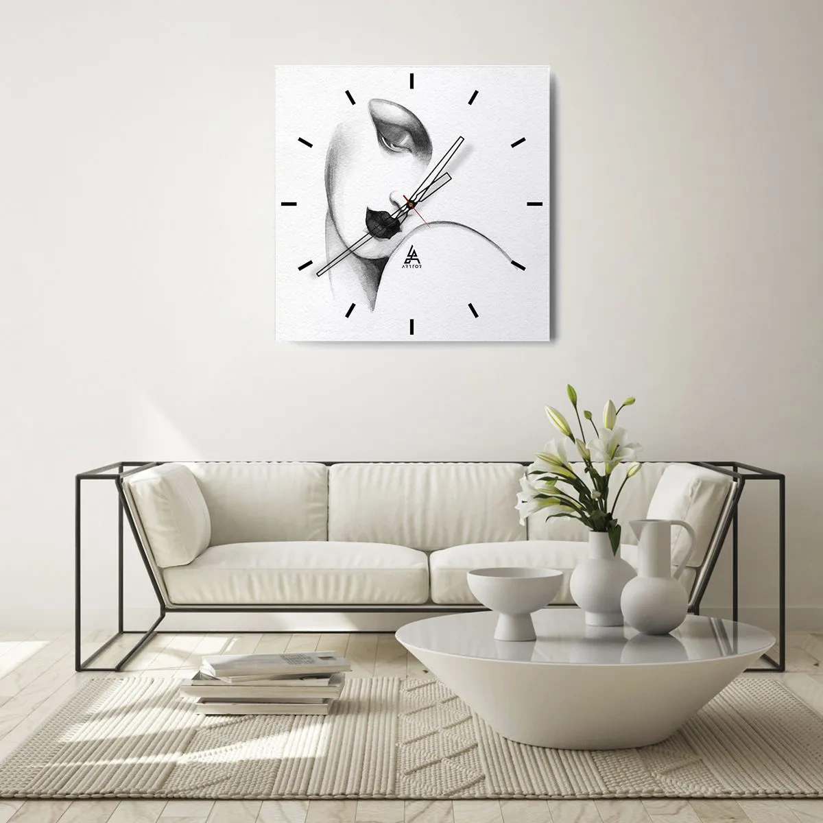 Reloj de pared - Reloj de vidrio - Un retrato sutil de una mujer en estilo monocromático. - 30x30cm - Pensativa - Decoración de pared moderna para salón y dormitorio ARTTOR