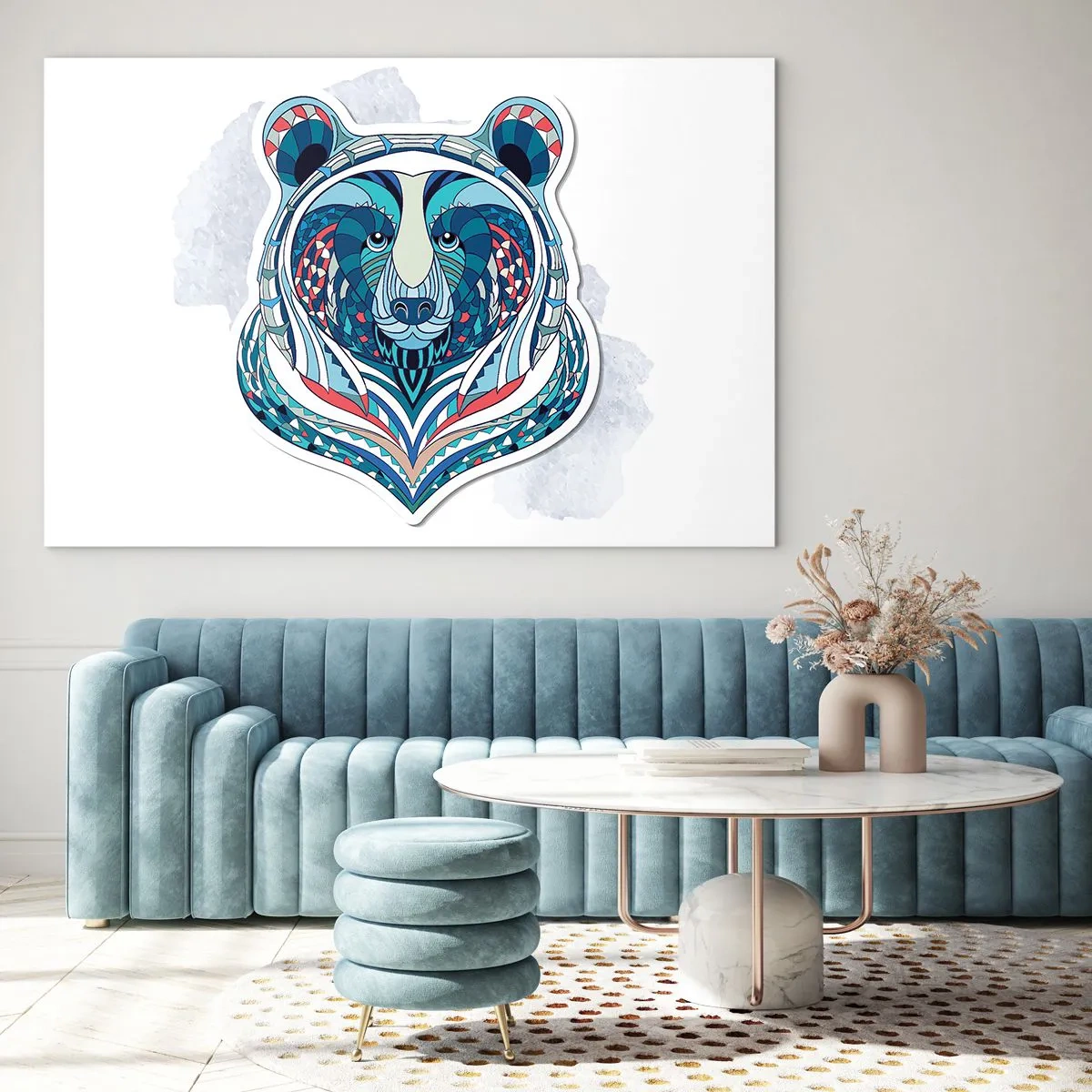 Cuadro sobre vidrio - Impresiones sobre Vidrio - Un retrato geométrico y colorido de un oso de peluche. - 100x70cm - ¡Viva Groenlandia! - Decoración de pared moderna para salón y dormitorio ARTTOR