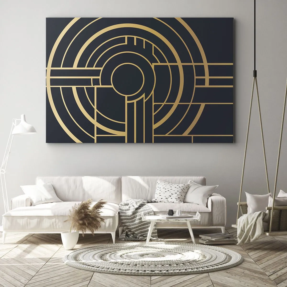 Cuadro sobre lienzo - Impresión de Imagen - Patrón geométrico con líneas doradas. - 70x50cm - Giro de los elementos - Decoración de pared moderna para salón y dormitorio ARTTOR