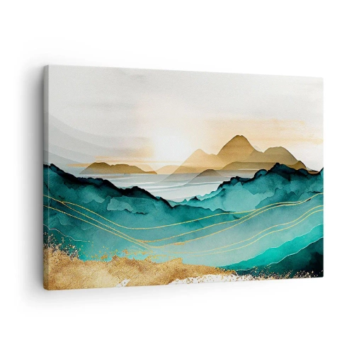Cuadro sobre lienzo - Impresión de Imagen - Paisaje abstracto con montañas y acentos dorados. - 70x50cm - Al borde de la abstracción - paisaje - Decoración de pared moderna para salón y dormitorio ARTTOR