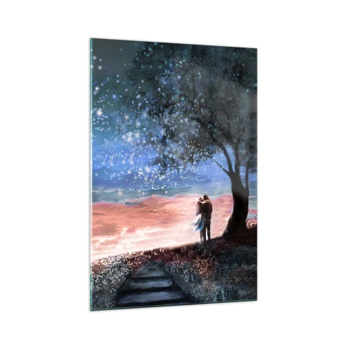 Cuadro sobre vidrio - Impresiones sobre Vidrio - Escena romántica de pareja bajo la luna llena - 70x100cm - Un espectáculo estelar - Decoración de pared moderna para salón y dormitorio ARTTOR