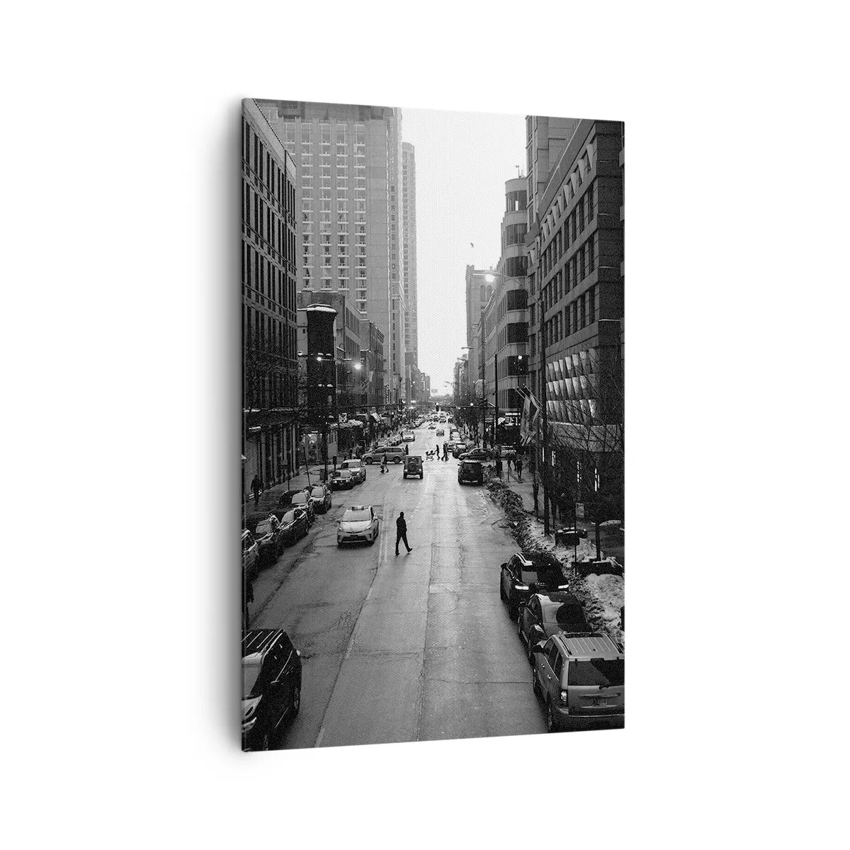 Cuadro sobre lienzo - Impresión de Imagen - Una calle en blanco y negro en el centro de la ciudad con coches y peatones. - 80x120cm - Un día como otro cualquiera - Decoración de pared moderna para salón y dormitorio ARTTOR