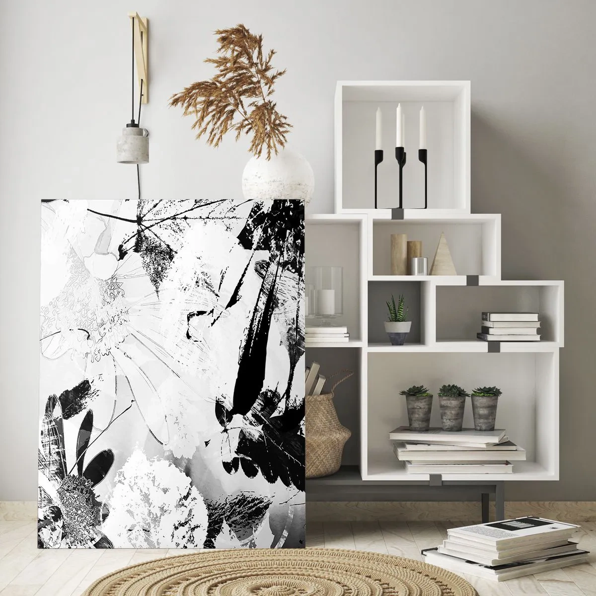 Cuadro sobre vidrio - Impresiones sobre Vidrio - Arreglo floral en blanco y negro de estilo artístico. - 50x70cm - Otoño en negativo - Decoración de pared moderna para salón y dormitorio ARTTOR