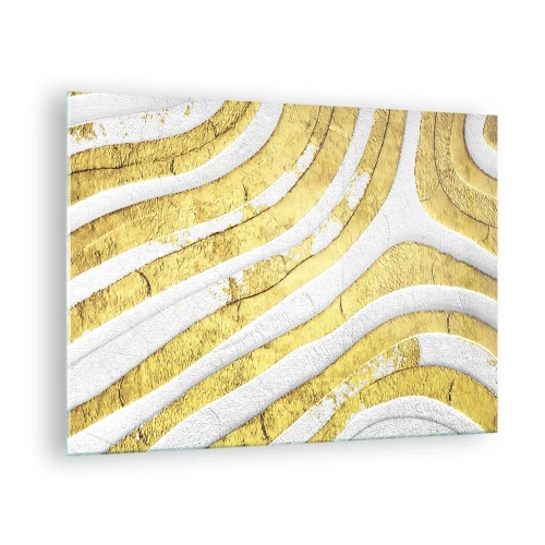 Cuadro sobre vidrio - Impresiones sobre Vidrio - Ondas abstractas doradas y blancas con efecto textural - 70x50cm - Una composición en blanco y oro - Decoración de pared moderna para salón y dormitorio ARTTOR