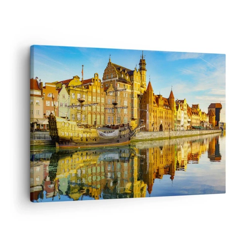 Cuadro sobre lienzo - Impresión de Imagen - Una vista pintoresca del casco antiguo con un velero y agua. - 70x50cm - Un espejo del pasado - Decoración de pared moderna para salón y dormitorio ARTTOR