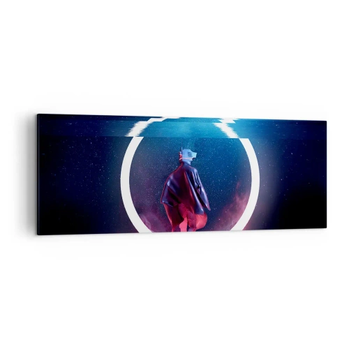 Cuadro sobre lienzo - Impresión de Imagen - Un personaje en un entorno futurista con un círculo de neón. - 140x50cm - Entre mundos - Decoración de pared moderna para salón y dormitorio ARTTOR