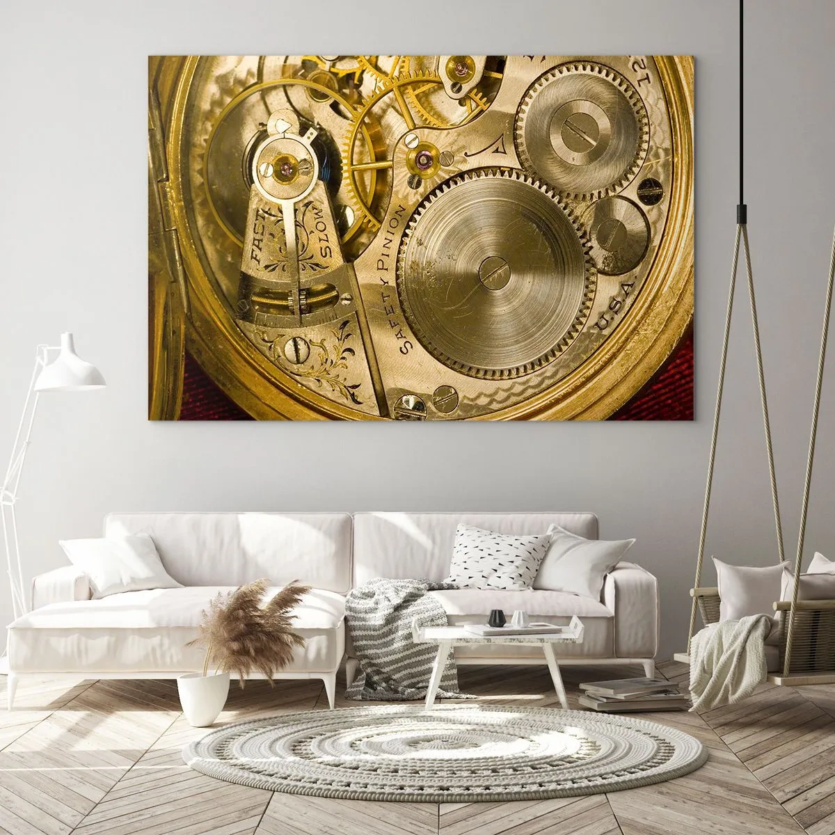 Cuadro sobre vidrio - Impresiones sobre Vidrio - Mecanismo de reloj en acabado dorado. - 100x70cm - Siga el ritmo de los tiempos - Decoración de pared moderna para salón y dormitorio ARTTOR