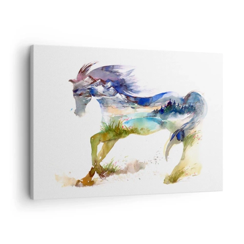 Cuadro sobre lienzo - Impresión de Imagen - Acuarela de un caballo con un paisaje de montaña en silueta. - 70x50cm - De la pradera al cielo - Decoración de pared moderna para salón y dormitorio ARTTOR
