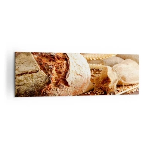 Cuadro sobre lienzo - Impresión de Imagen - Pan crujiente con cereales y espigas de trigo sobre un fondo de madera - 160x50cm - Apetitoso, fragante, crujiente - Decoración de pared moderna para salón y dormitorio ARTTOR