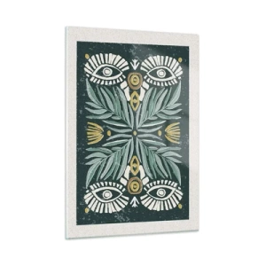 Cuadro sobre vidrio - Impresiones sobre Vidrio - Una composición simétrica de hojas y patrones en estilo folklórico. - 50x70cm - Como un recorte folclórico - Decoración de pared moderna para salón y dormitorio ARTTOR