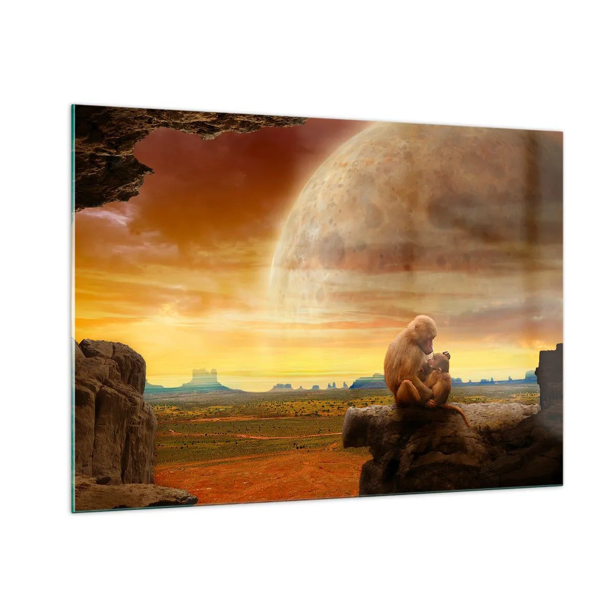 Cuadro sobre vidrio - Impresiones sobre Vidrio - Monos sentados en una roca con una enorme luna de fondo. - 100x70cm - El amor es igual en todas partes - Decoración de pared moderna para salón y dormitorio ARTTOR
