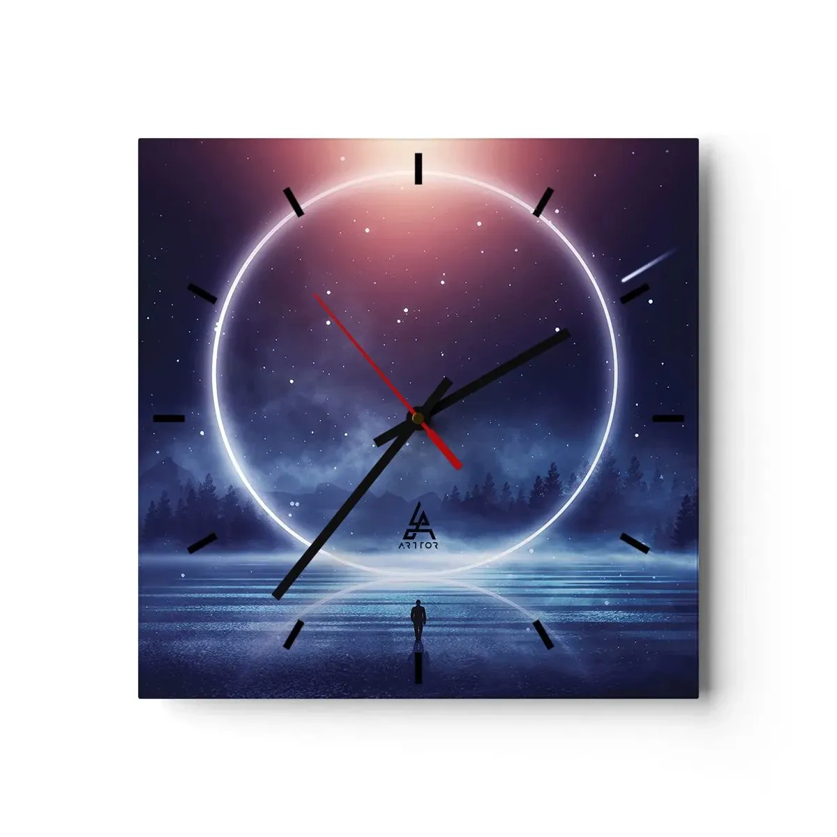 Reloj de pared - Reloj de vidrio - Un paisaje mágico con una figura y un círculo de luz por la noche. - 30x30cm - Ya están aquí... - Decoración de pared moderna para salón y dormitorio ARTTOR