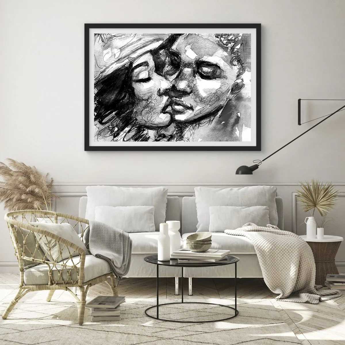 Póster en marco negro - Una acuarela en blanco y negro que representa un momento íntimo entre dos personas. - 70x50cm - Un momento tierno - Decoración de pared moderna para salón y dormitorio ARTTOR