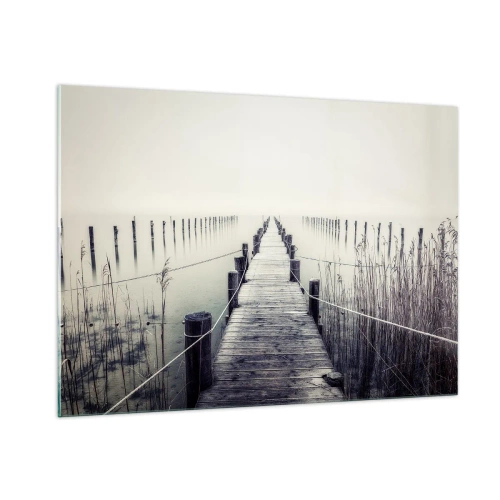 Cuadro sobre vidrio - Impresiones sobre Vidrio - Un puente de madera conduce a las profundidades de un lago tranquilo en la niebla. - 100x70cm - Sumergirse en la paz - Decoración de pared moderna para salón y dormitorio ARTTOR